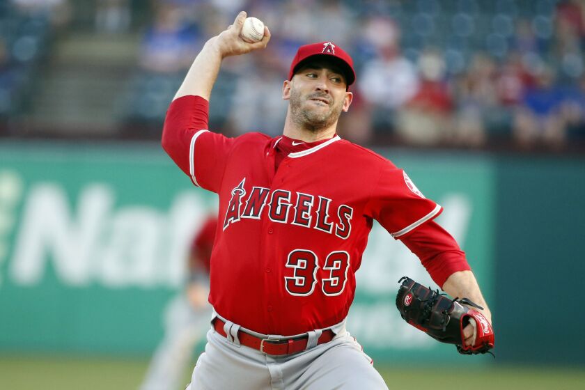 Los Angeles Angels starting pitcher Matt Harvey (33) throws against the Texas Rangers.