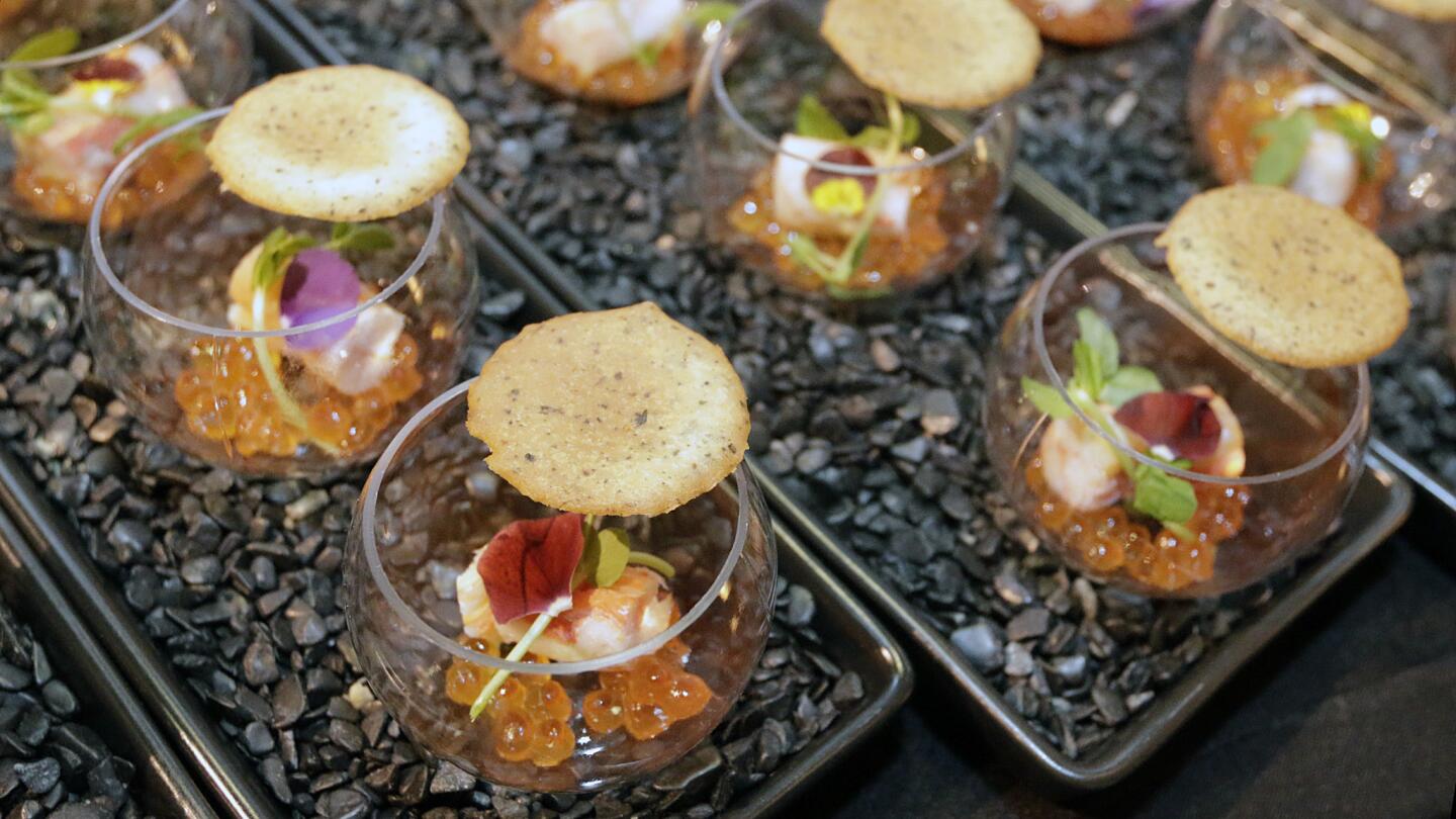 Snow crab and ikura with English pea soup from N/Naka at the Los Angeles Times' Bite Night event at the Olympic plant on May 18. For more #BiteNite, follow @latimesfood on Twitter and Instagram.
