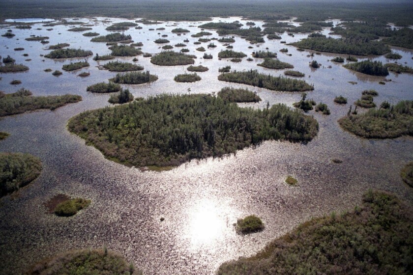 FILE- In this April 3, 1997 file photo, the Okefenokee National Wildlife Refuge in southeast Ga., is seen. The Biden administration again moved to undermine a Trump-era rollback of federal water protections, but a company that benefited from that rollback can still move forward with plans to mine for minerals in Georgia a few miles outside of a federal wildlife refuge. (Stuart Tannehill/The Florida Times-Union via AP, File)