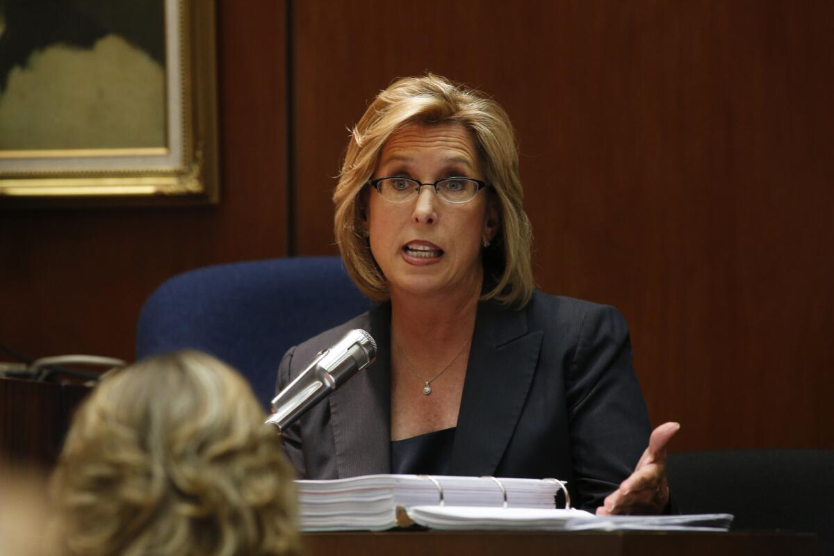 Wendy Greuel testifies during the perjury and voter fraud trial of Richard Alarcon and his wife, Flora Montes de Oca Alarcon, in Los Angeles District Court on Tuesday.