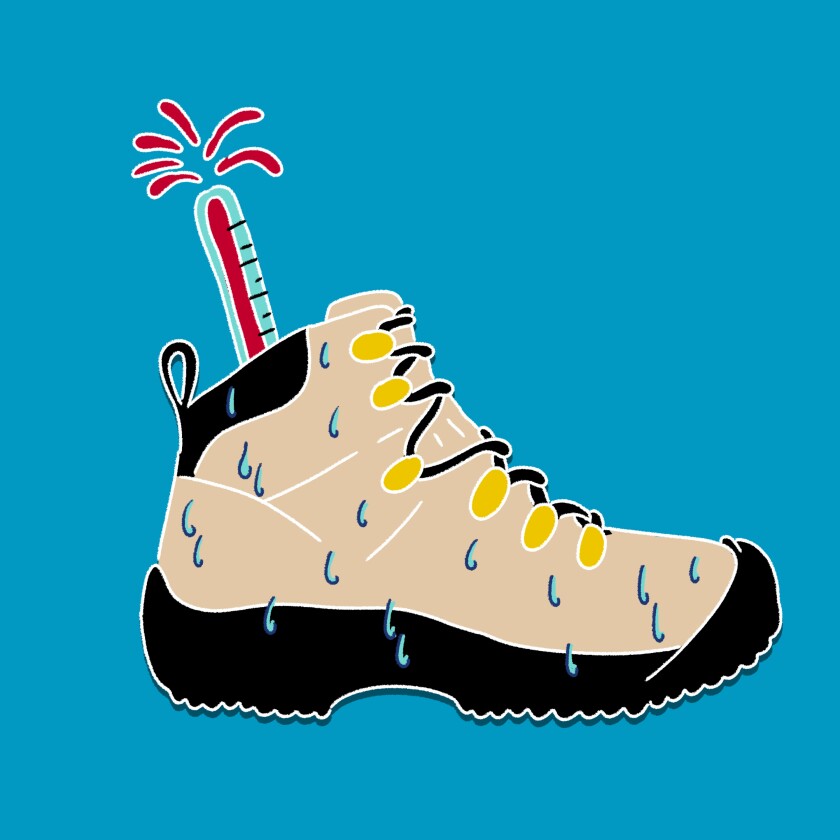 Illustration of a hiking boot sweating, with a hot thermometer popping out the top.