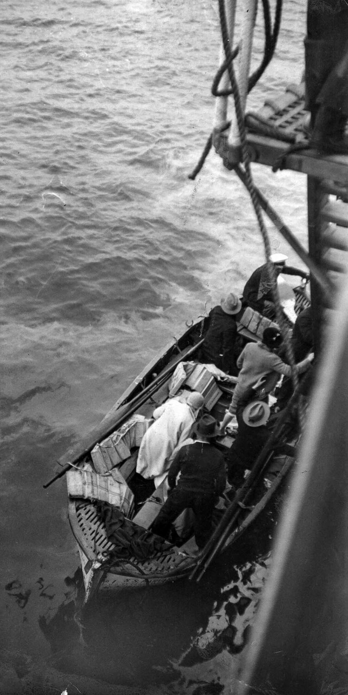 May 30, 1931: SS Harvard lifeboat being launched and filled with women after the ship ran aground at Point Arguello. Photo taken by a passenger and published in the May 31, 1931, Los Angeles Times.