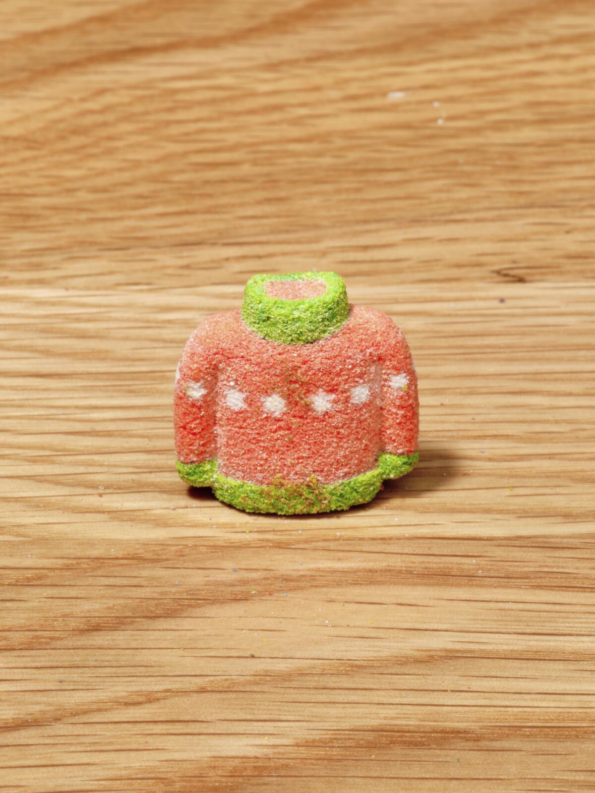 A miniature red sweater made out of marshmallow 