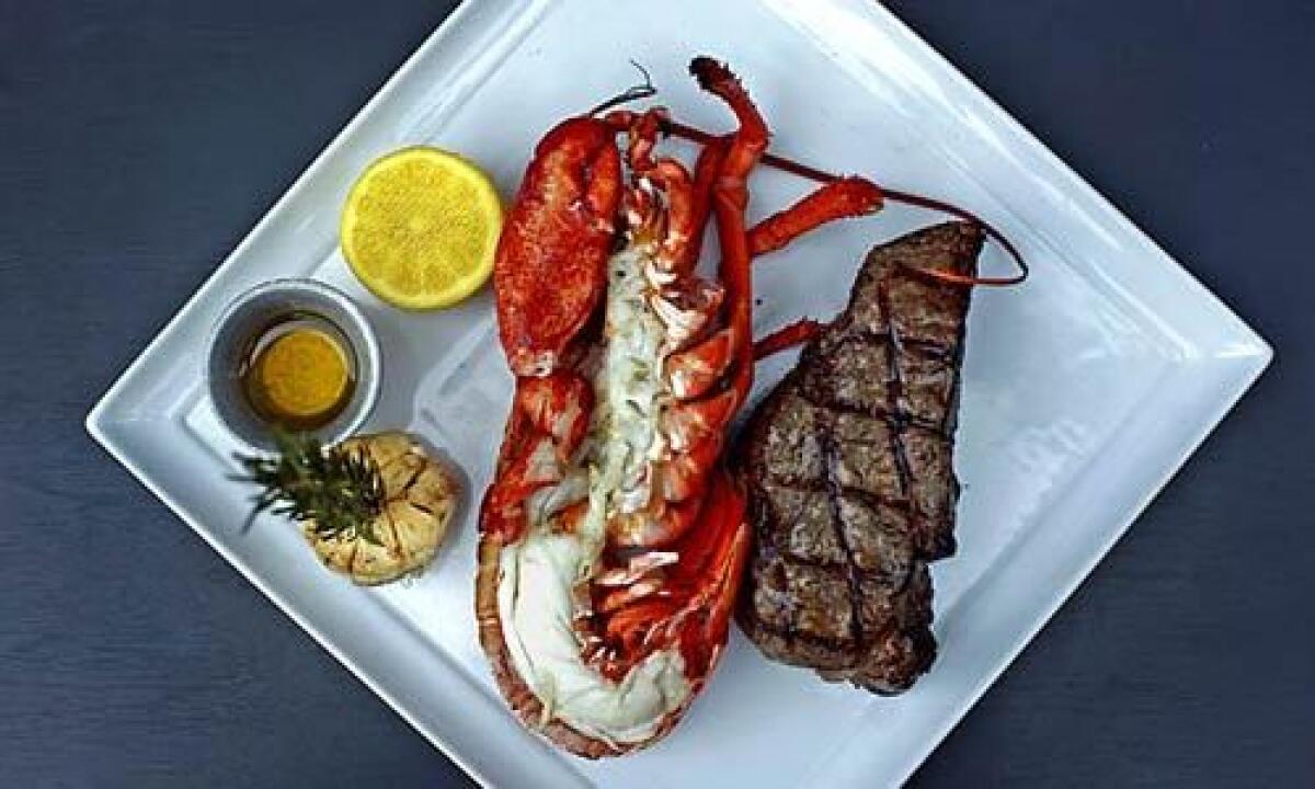 A 40-day dry-aged New York strip and a half lobster make up the Surf and Turf at Boa in West Hollywood.