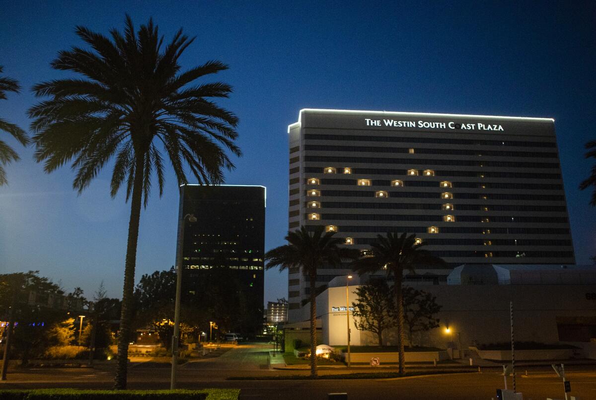 The Westin South Coast Plaza lights windows in the shape of a heart in Costa Mesa on Tuesday.