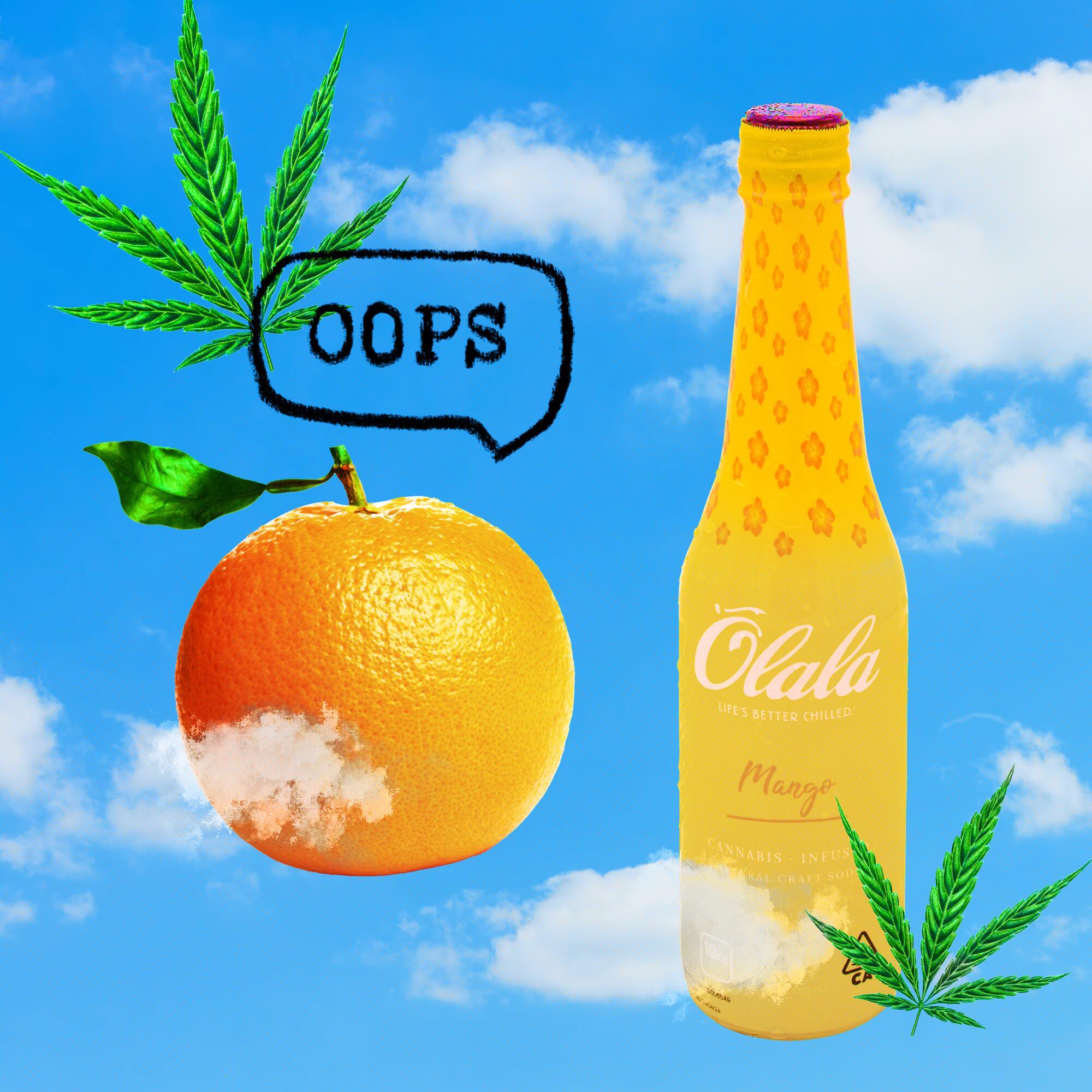 Olala Mango drink next to an illustrated orange and the word "oops."