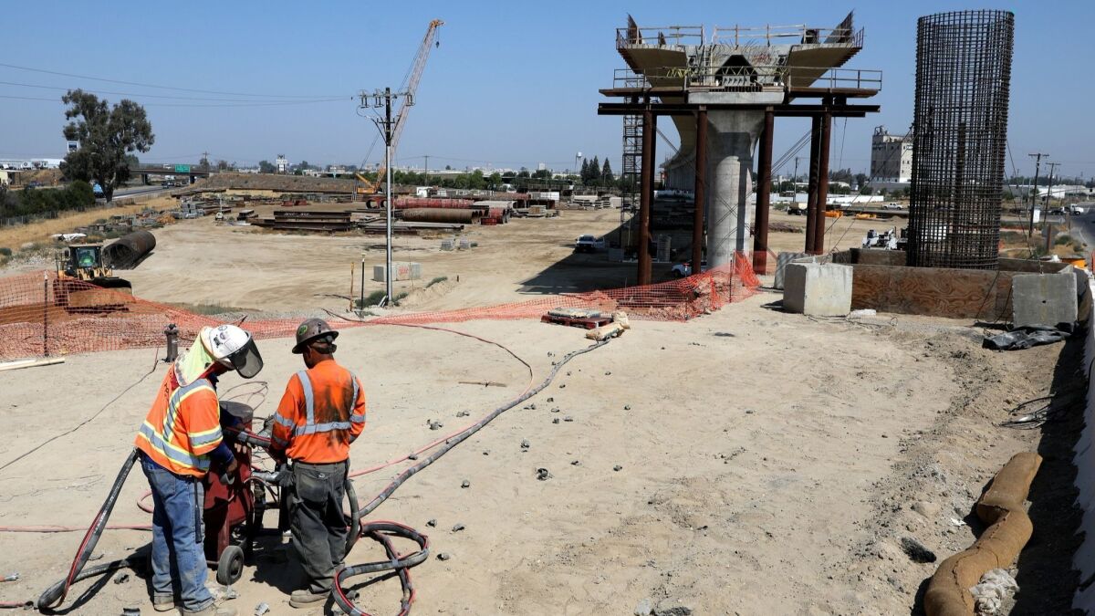 Construction of California's high-speed rail project in Fresno on Aug. 15.