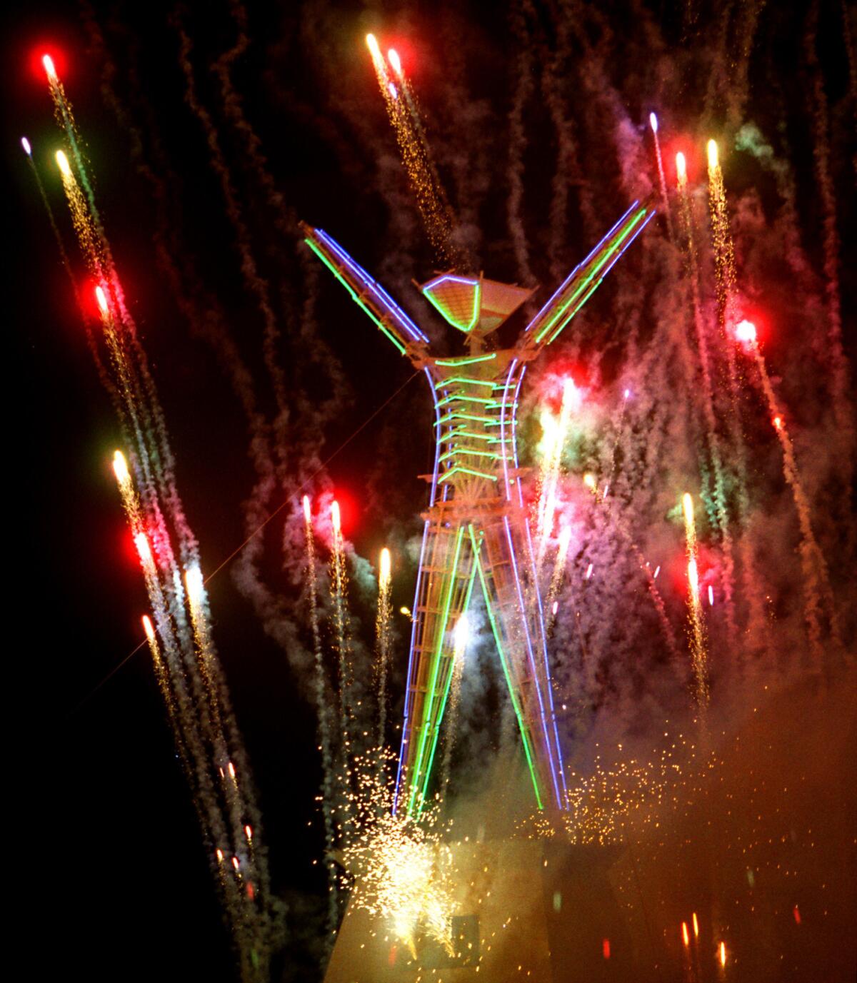 Fireworks explode at the effigy of a man at -- what else? -- the Burning Man Festival held each summer in Nevada's desert.