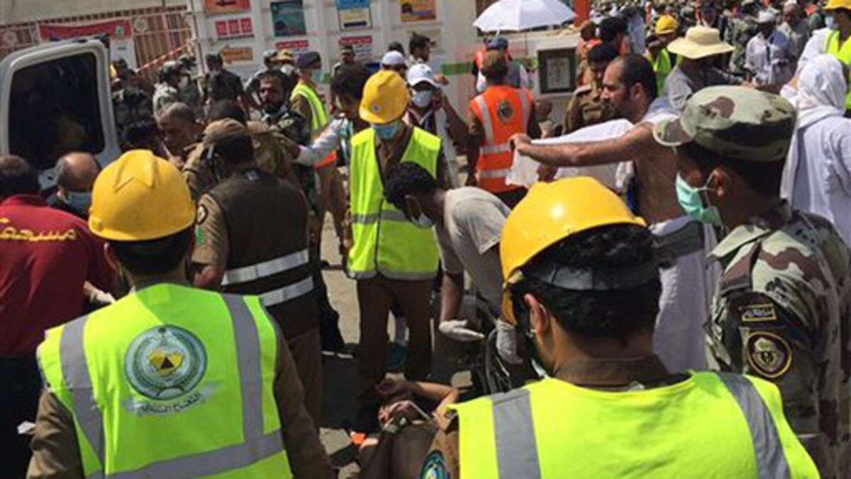 In an image from the Twitter feed of the Saudi civil defense, rescue crews respond to the stampede in Mina, Saudi Arabia.