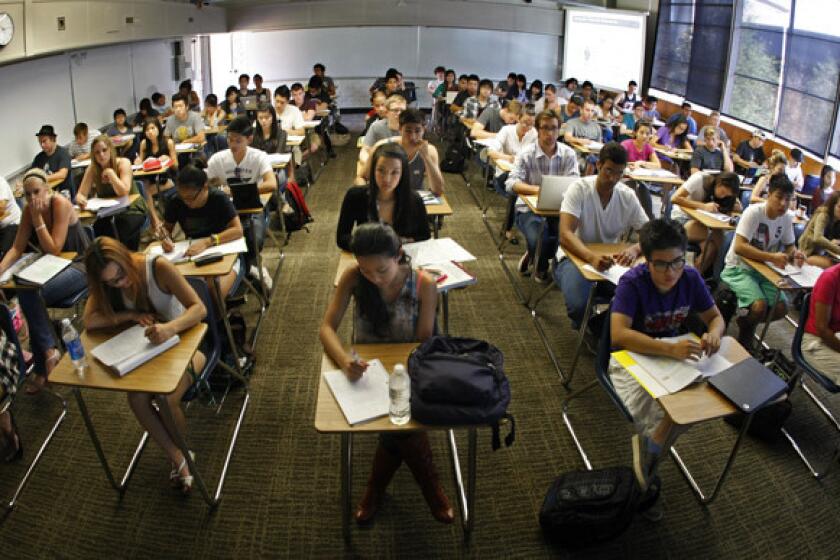 Students fill every desk in a class at Orange Coast Community College in Costa Mesa. A study says state community colleges are not preparing California's future workforce.