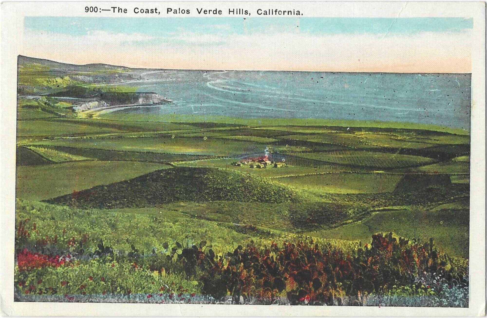 Green hills and a sweeping coastline on a vintage postcard. Text: "The Coast, Palos Verde [sic] Hills, California"