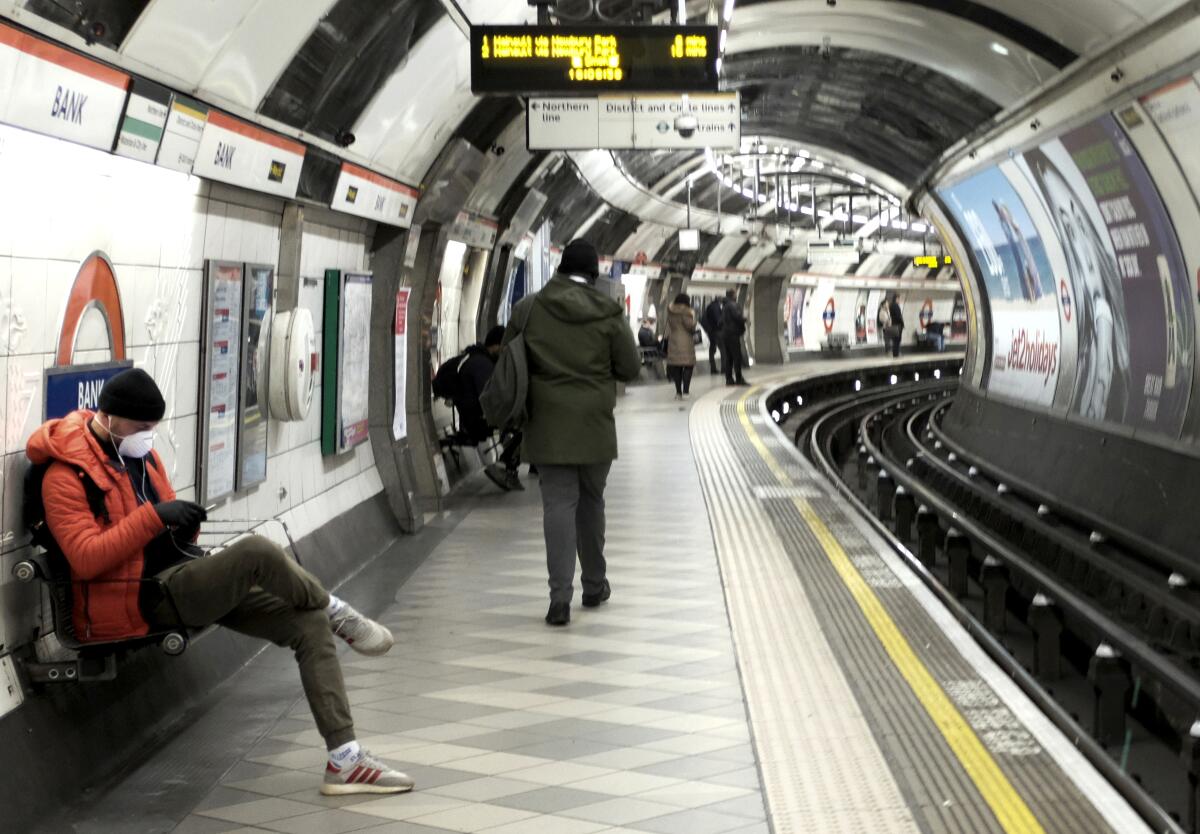 A platform of the Bank Underground station, which would normally be very busy with commuters, in London on March 24, 2020. With the highly contagious COVID-19 pandemic and jobless rate, few Britons are riding Underground trains.