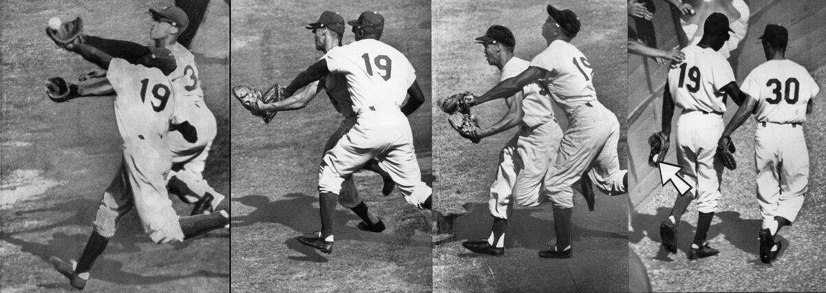 Oct. 4, 1959: Dodger third baseman Gim Gilliam (19) and shortstop Maury Wills chase White Sox Jim Rivera’s high foul in fourth inning of Game 3 in the 1959 World Series. Gilliam makes a back-handed catch. A fan pats him on back. The right three photos were  taken by The Times’ Art Rogers. The left photo is from Associated Press. This four-photo combo appeared in the Oct. 5, 1959, Los Angeles Times.