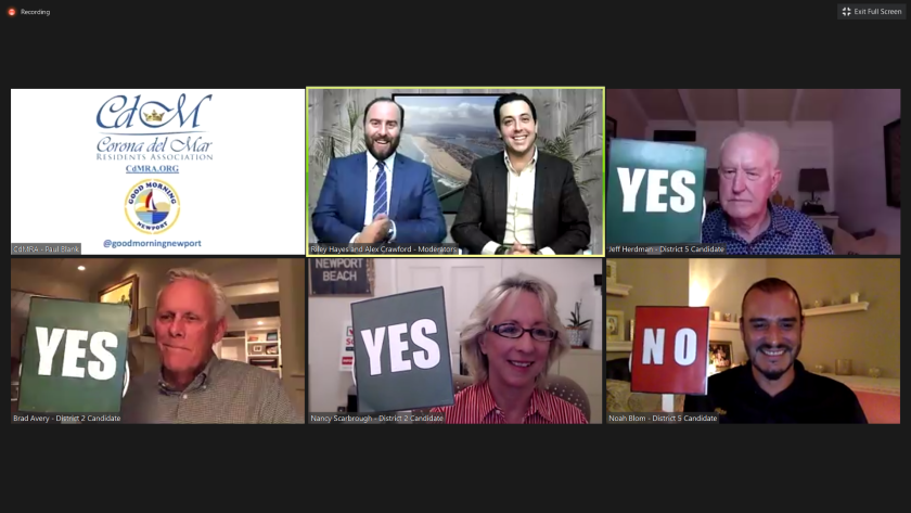 Newport Beach City Council candidates answer a question.