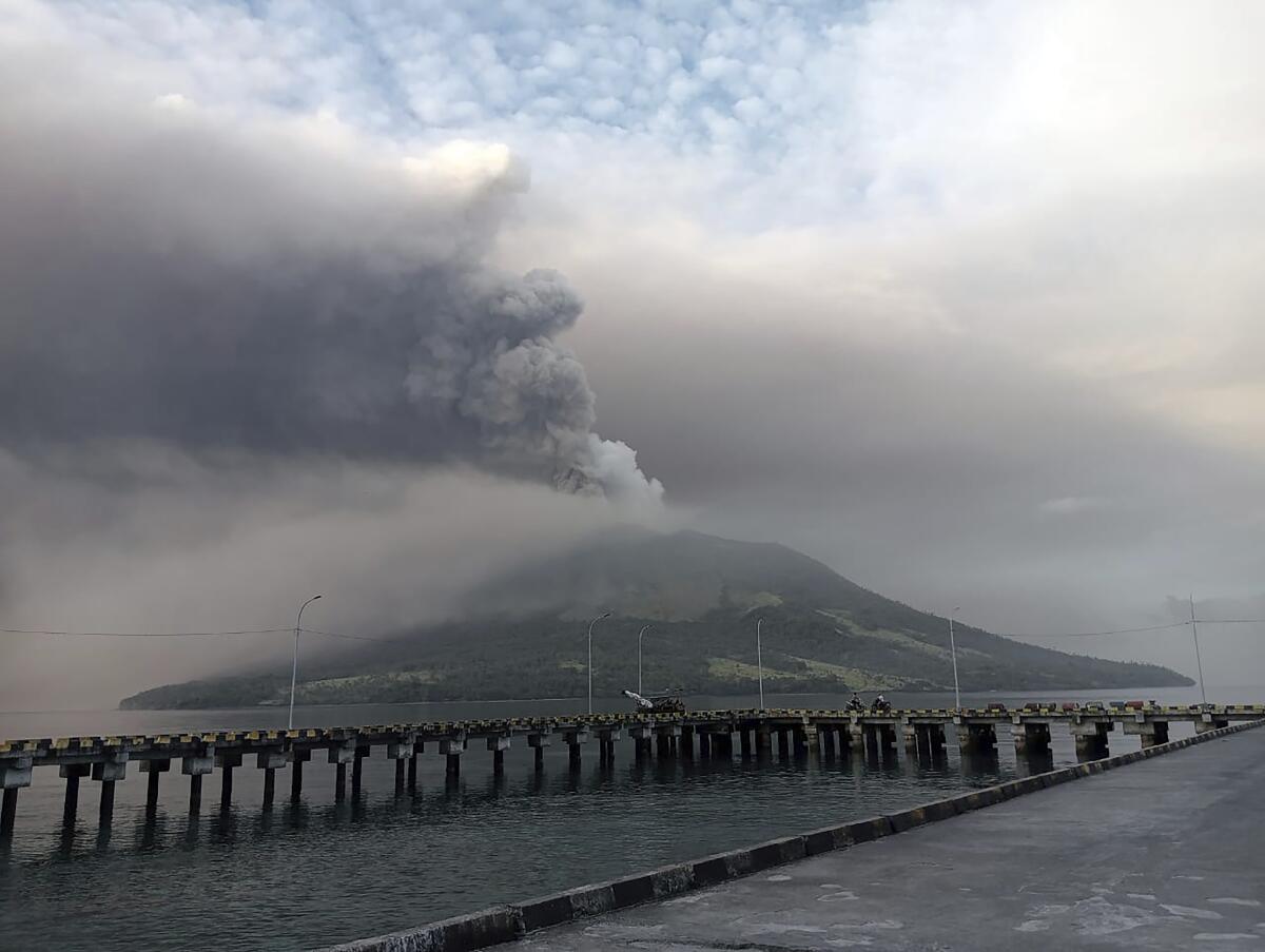 Mount Ruang volcano is seen during the eruption from Tagulandang island, Indonesia.