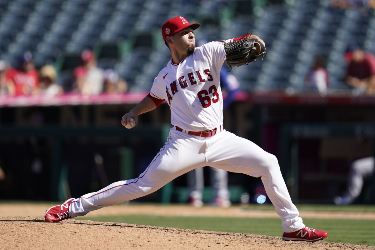 Angels reliever Kyle Tyler delivers against the Texas Rangers on Sept. 5.