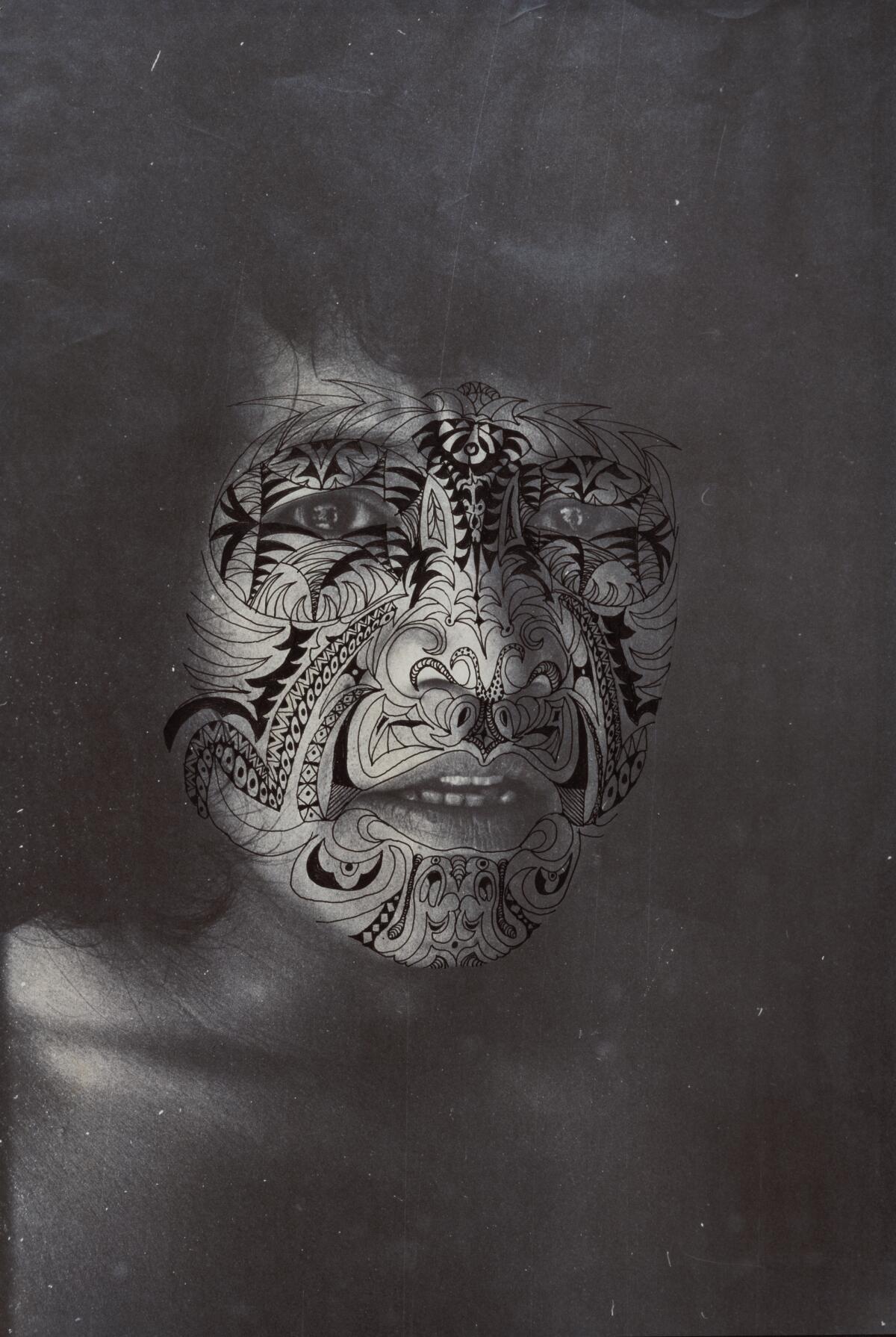 A closeup photo of a person's face overlaid with a delicate ink drawing that resembles a Polynesian face tattoo.