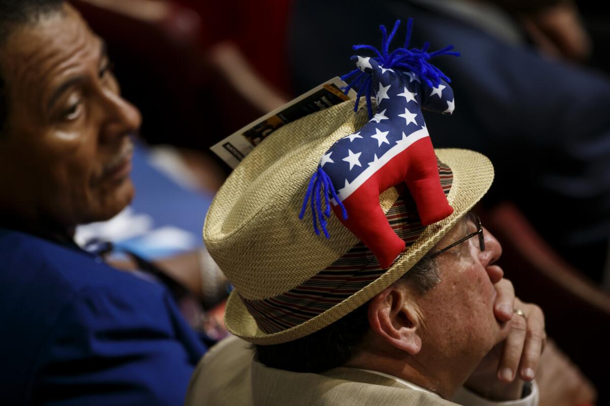 A delegate sports a political hat at the 2016 Democratic National Convention in Philadelphia.