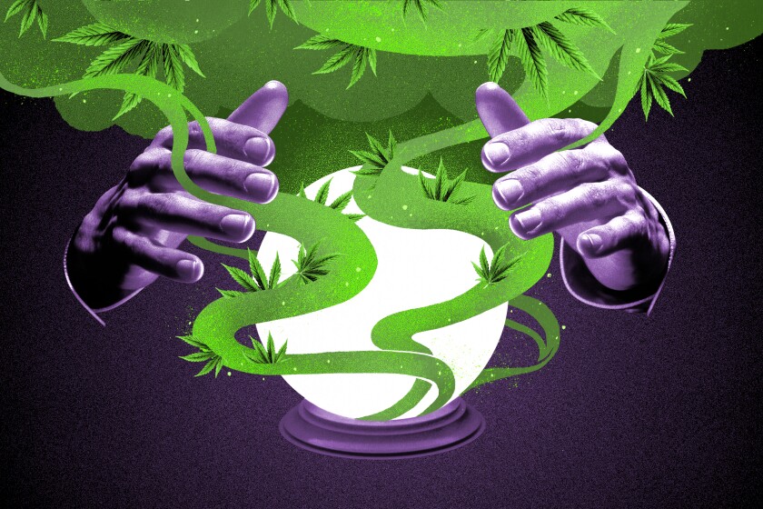 Illustration of hands above a crystal ball with green cannabis smoke swirling between fingers.