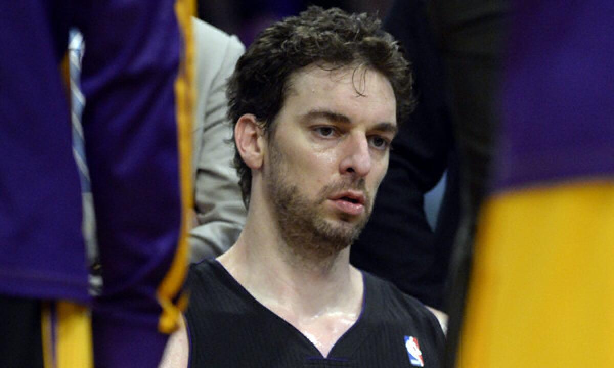 Lakers center Pau Gasol looks on from the bench during a game against the Washington Wizards on March 21. Will Gasol be back on the Lakers next season?