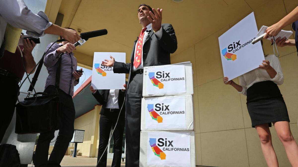 Silicon Valley venture capitalist Tim Draper's 2014 initiative to break up California into six states failed to gather enough signatures to make the ballot.