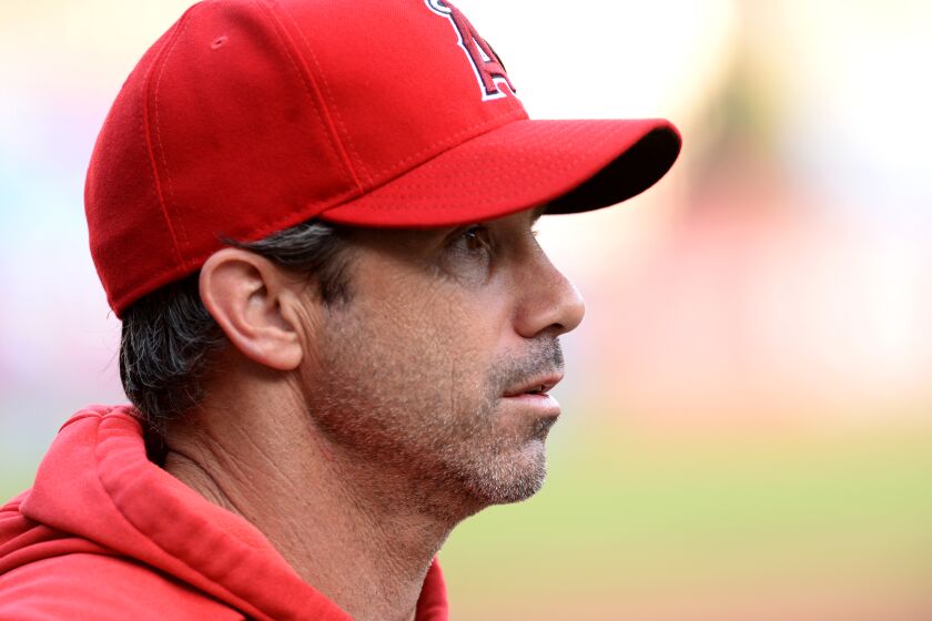 ARLINGTON, TEXAS - AUGUST 20: Brad Ausmus #12 of the Los Angeles Angels before the before game two of a doubleheader against the Texas Rangers at Globe Life Park in Arlington on August 20, 2019 in Arlington, Texas. (Photo by C. Morgan Engel/Getty Images)