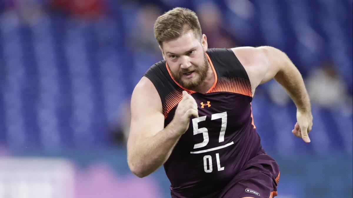 Alabama offensive lineman Jonah Williams runs a drill at the NFL scouting combine.