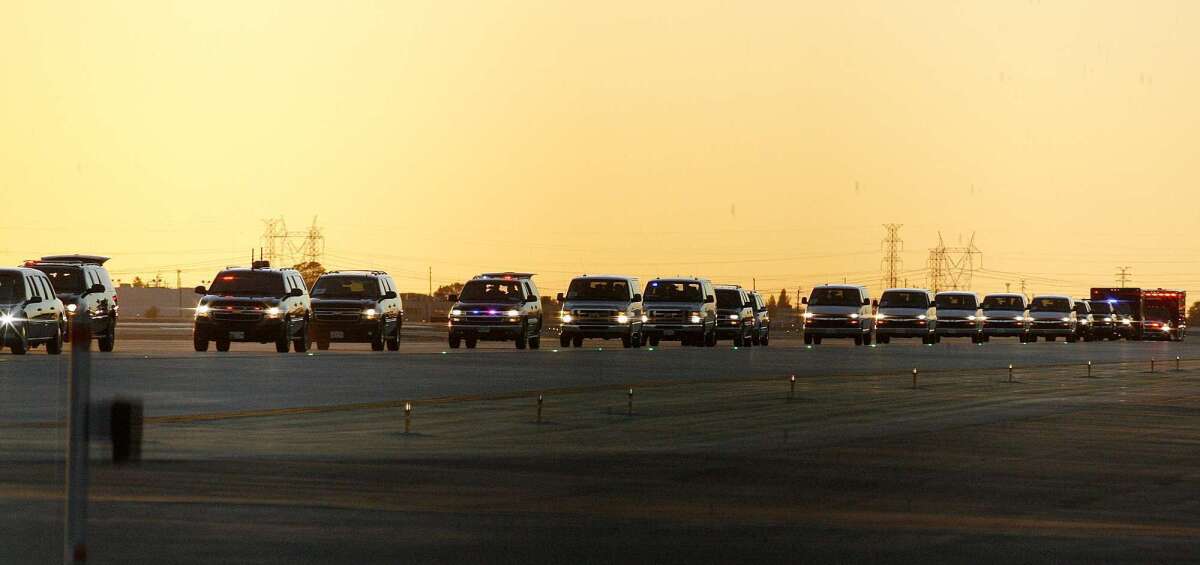 The presidential motorcade escorts President Obama at Bob Hope Airport Oct. 24, 2012 while en route to the NBC studio lot.