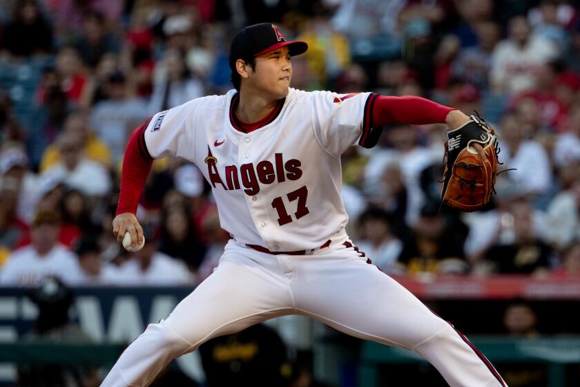 Shohei Ohtani of the Angels pitches against the Pittsburgh Pirates on July 21, 2023, in Anaheim.