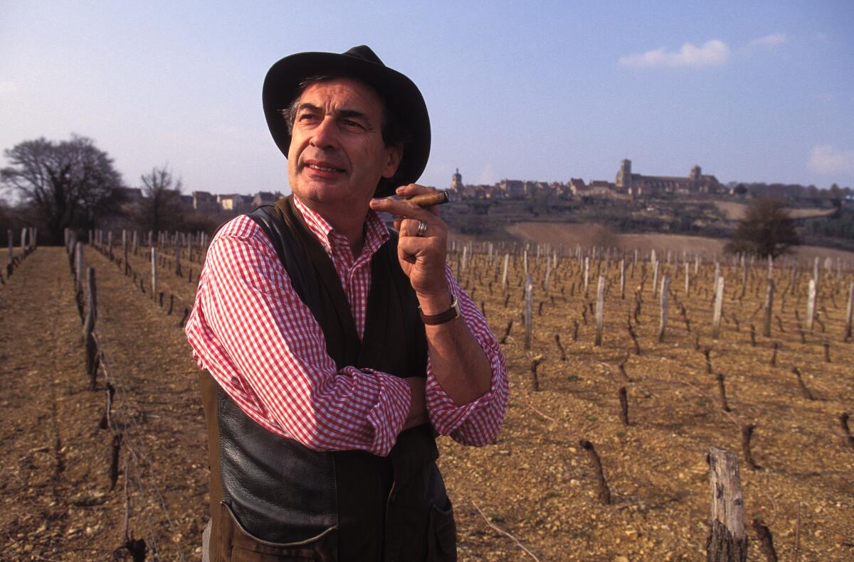 Chef Marc Meneau wearing a red gingham button-up, vest and hat among trellises in his vineyard in Vezelay, France, in 1996