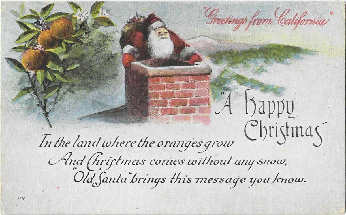 Santa Claus prepares to go down a chimney, plus an illustration of oranges and a Christmas poem.
