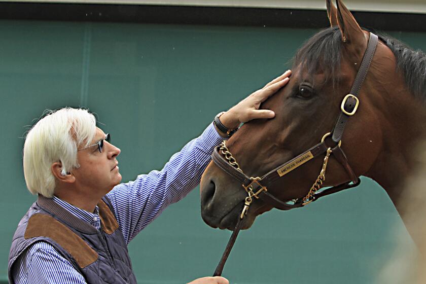 FILE - In this May 17, 2015, file photo, trainer Bob Baffert rubs the head of 2015 Kentucky Derby winner American Pharoah outside the stakes barn at Pimlico Race Course in Baltimore, May 17, 2015. Baffert will miss the race for the third consecutive year. He served a two-year suspension by Churchill Downs Inc. after his 2021 winner Medina Spirit was disqualified for a failed drug test. But the track’s corporate ownership meted out an additional year of punishment. (AP Photo/Garry Jones, File)