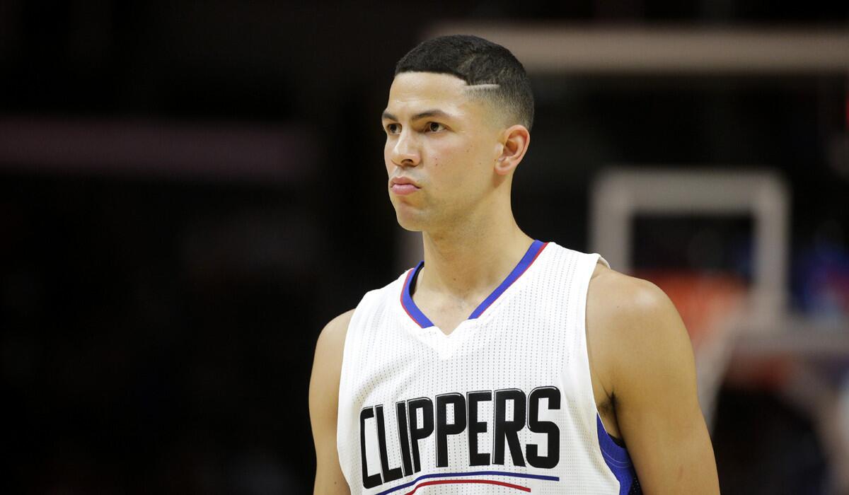 Los Angeles Clippers' Austin Rivers reacts during the first half of a preseason game against the Denver Nuggets on Oct. 2.