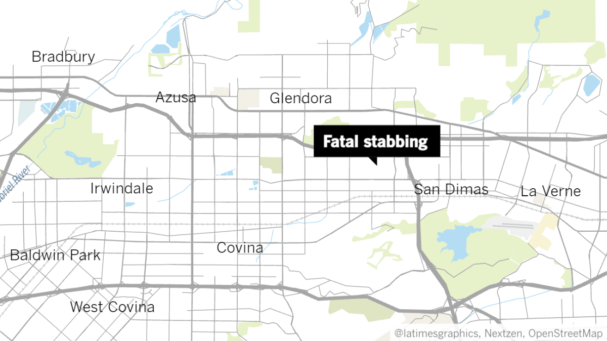 Map of San Gabriel Valley area with a label pointing to site of a fatal stabbing in San Dimas