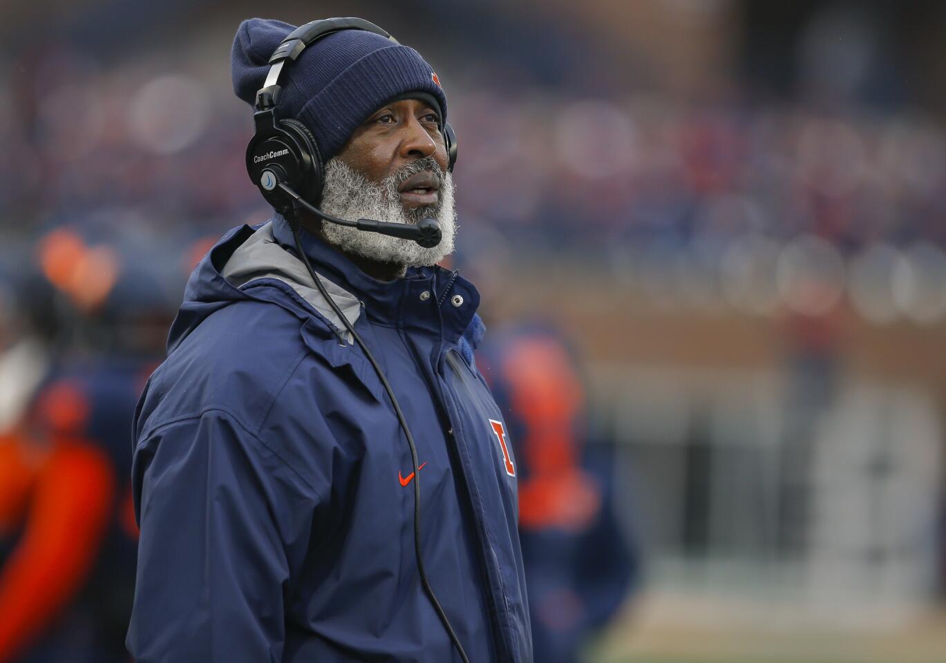 Illinois coach Lovie looks up at the scoreboard during a game against Iowa on Nov. 17, 2018, in Champaign.