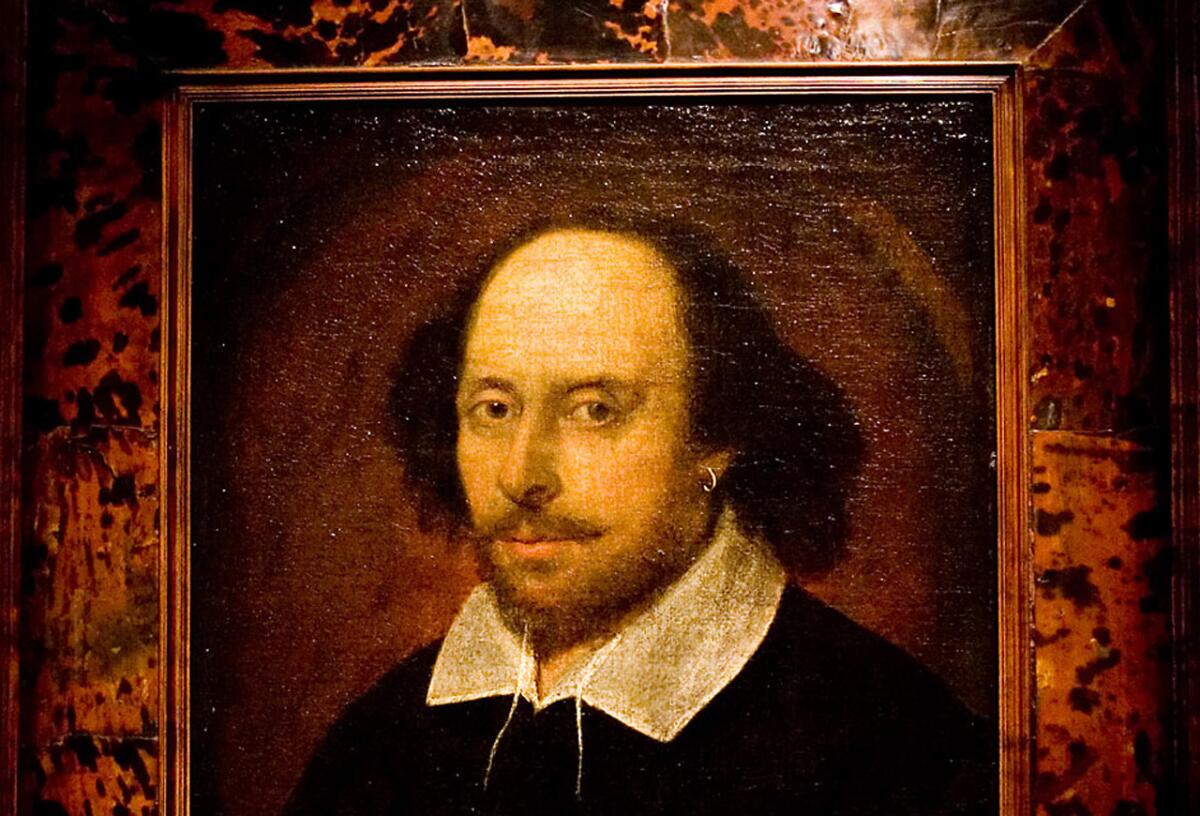 A portrait of William Shakespeare attributed to a little-known artist named John Taylor, and dated by experts to between 1600 and 1610, the Chandos portrait provides an unusually bohemian image of Shakespeare, dressed in black, sporting a gold hoop earring and with the strings on his white collar rakishly untied, on display at the National Portrait Gallery in London as part of an exhibition, Searching for Shakespeare, of portraits and manuscripts from Shakespeare's lifetime, Wednesday, March 1, 2006. (AP Photo/Sang Tan)