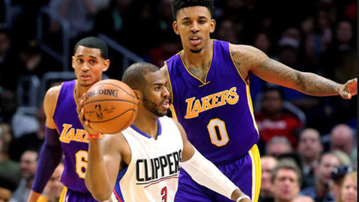 Lakers guards Jordan Clarkson, left, and Nick Young defend against Clippers guard Chris Paul during the fourth quarter on Jan. 14.