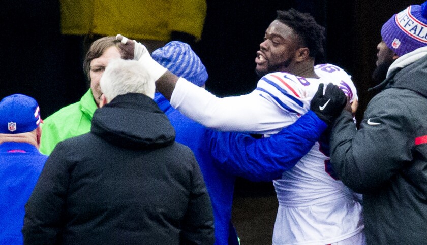 Bills defensive lineman Shaq Lawson points and yells at Jaguars running back Leonard Fournette (not pictured) after the two traded punches.
