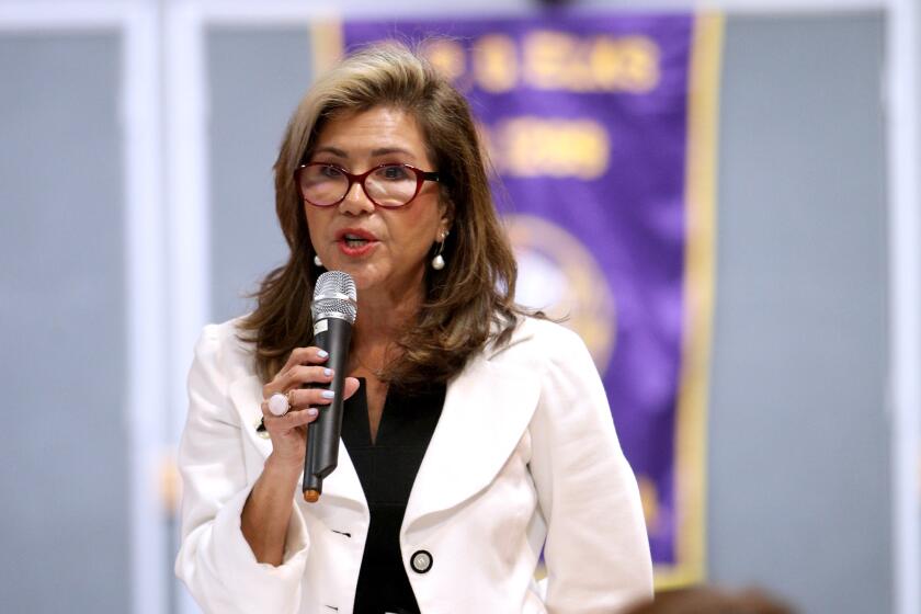 Glendale Community College Board of Trustees area 1 candidate Desiree P. Rabinov speaks to those assembled at forum sponsored by the Women's Civic League at Glendale Elks Lodge & Club, in Glendale on Thursday, Feb. 27, 2020.