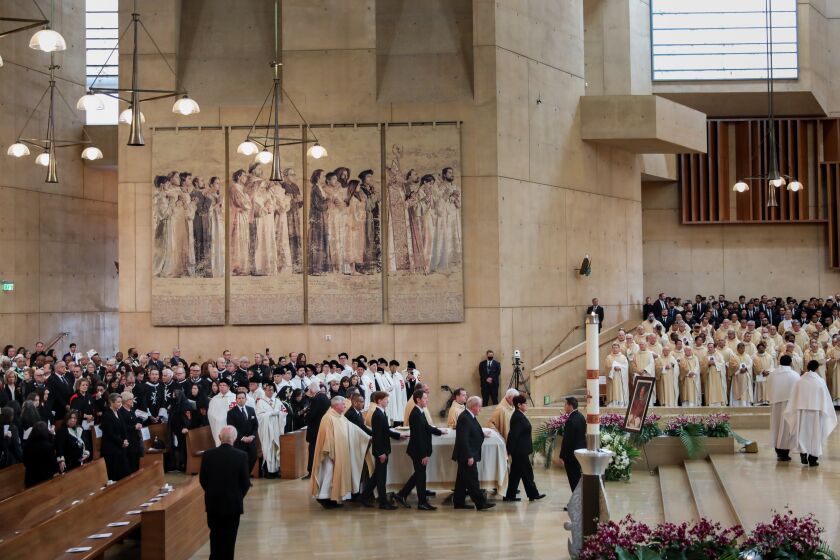 Los Angeles, CA - March 03: The casket of Bishop David O'Connell, at Cathedral of Our Lady of the Angels, in downtown Los Angeles, CA, Friday, March 3, 2023.(Jay L. Clendenin / Los Angeles Times)
