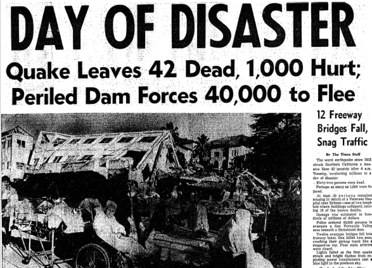 The headline about the Sylmar earthquake that ran in the Los Angeles Times on Feb. 10, 1971.