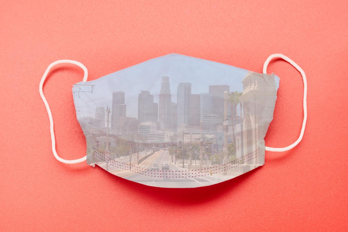 An illustration of a facemask, with L.A.'s skyline projected upon it.