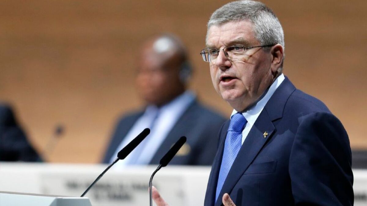 International Olympic Committee President Thomas Bach speaks during the FIFA congress in Zurich, Switzerland, in February.