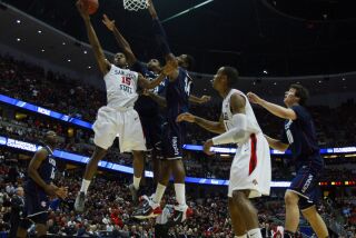SDSU's Kawhi Leonard shoots against Connecticut during a sweet sixteen game in the NCAA Tournament in Anaheim in 2011.