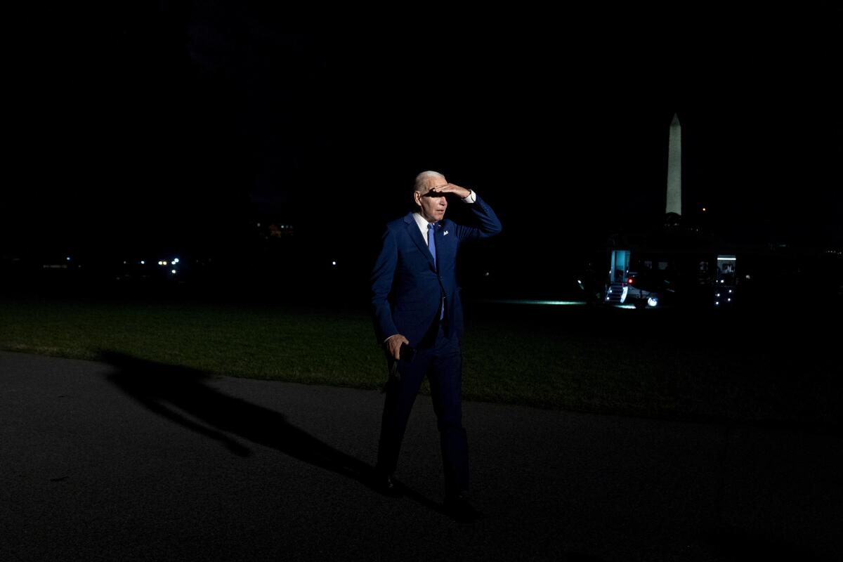 President Joe Biden arrives at the White House in Washington, Saturday, July 16, 2022, after returning from a trip to Israel and Saudi Arabia. (AP Photo/Andrew Harnik)