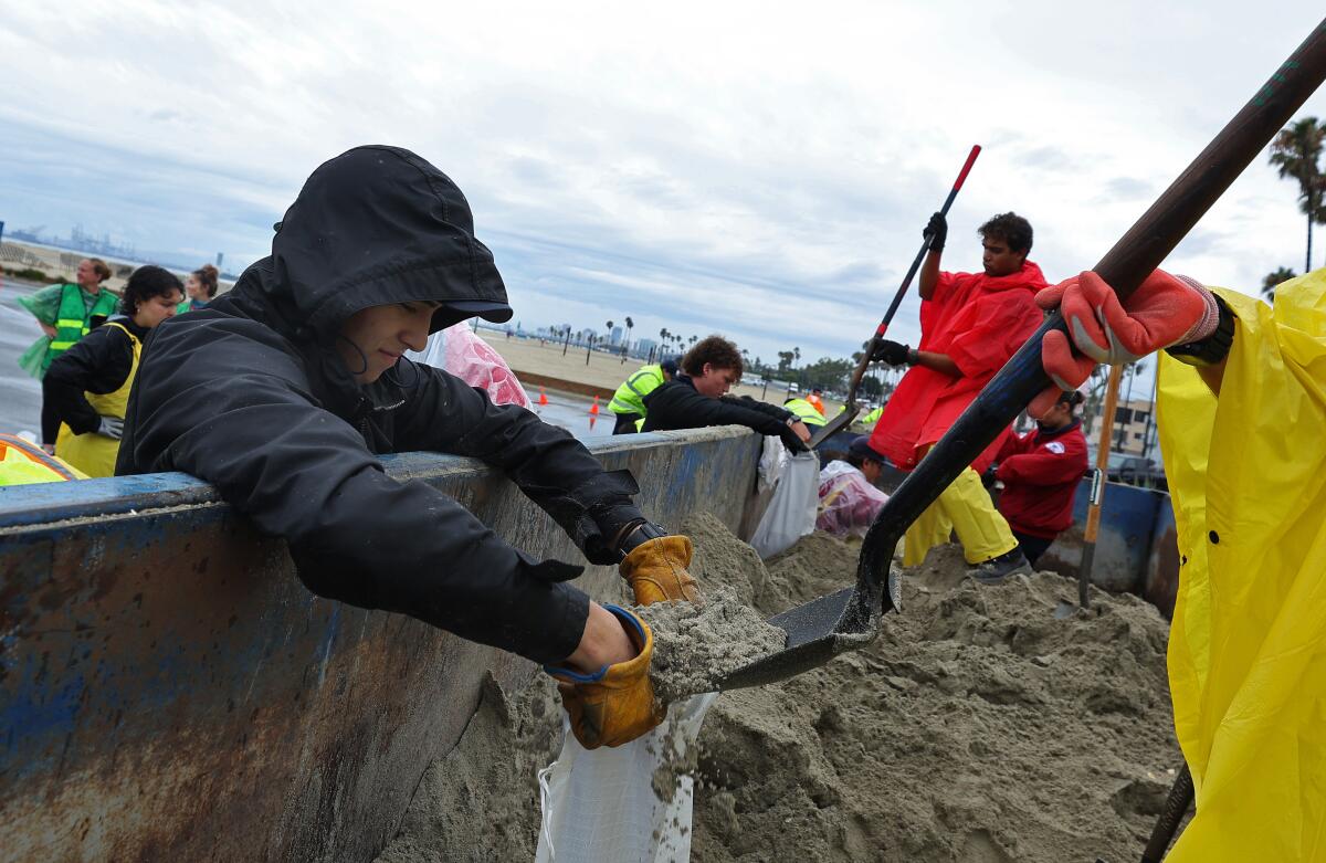Volunteers and firefighters fill sandbags at Belmont Shore Beach in Long Beach. 