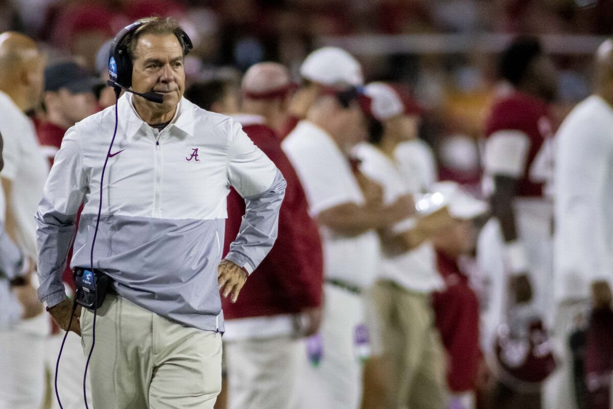 Alabama coach Nick Saban paces the sideline during the first half of the team's NCAA college football game against Tennessee, Saturday, Oct. 23, 2021, in Tuscaloosa, Ala. (AP Photo/Vasha Hunt)