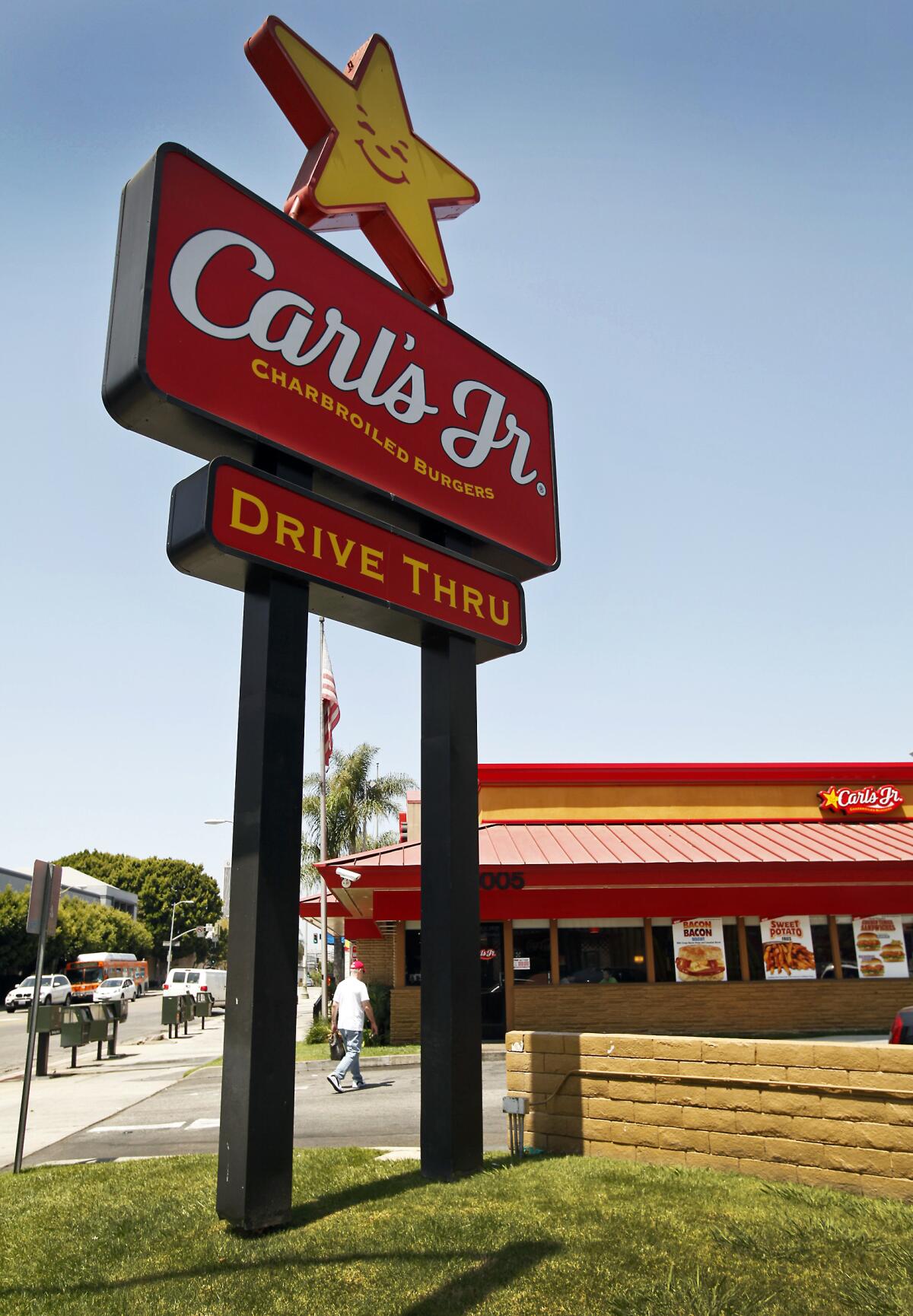 The Carl's Jr. sign and restaurant restaurant located at 3005 West 6th Street in Los Angeles