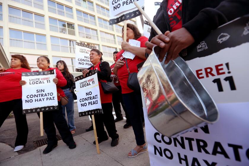 SANTA MONICA, CA - JULY 12, 2023 - Unite Here Local 11 hotel workers picket in front of the Viceroy Hotel in Santa Monica on July 12, 2023. (Genaro Molina/Los Angeles Times)