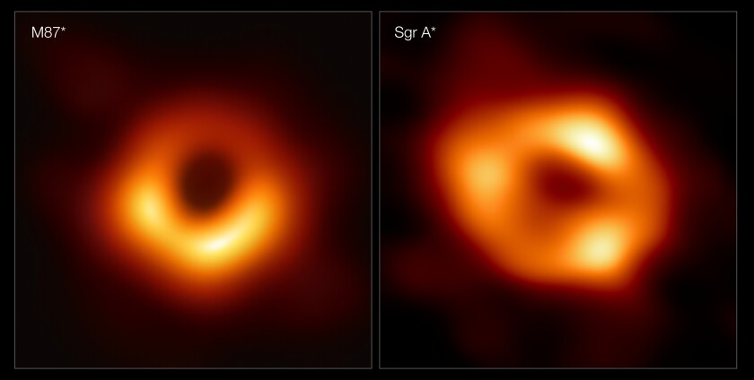 मेसियर 87 आकाशगंगा के केंद्र में सुपरमैसिव ब्लैक होल, बाईं ओर और मिल्की वे।